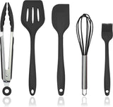 Silicone Kitchen Cooking Utensils Set Kitchen Spatula Set with Holder,5 Pcs Heat Resistant Silicone Kitchen Utensils Gadgets Tools Set for Nonstick Cookware,Dishwasher Safe (Black)